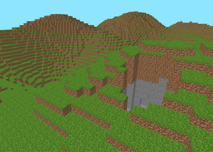 A render of the voxel engine showing some hills and a cave